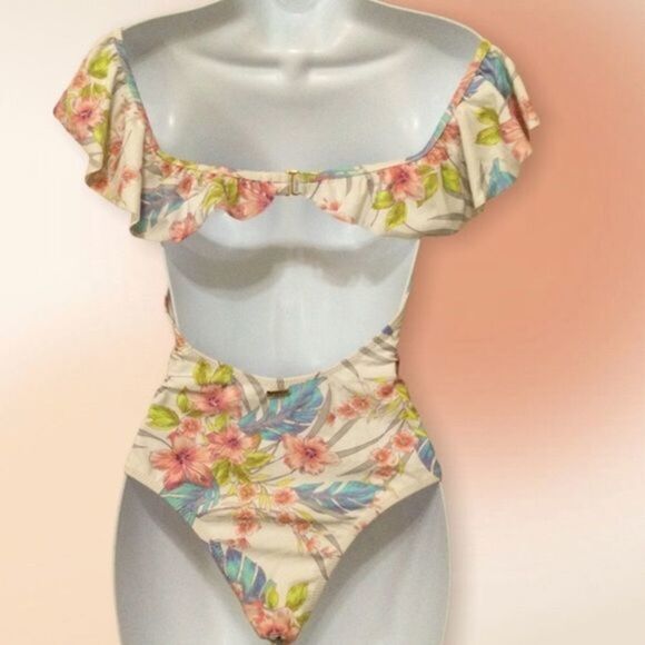 RAISINS Floral Off the Shoulder‎ Floral One Piece Ruffled Swimsuit Med - Picture 7 of 14